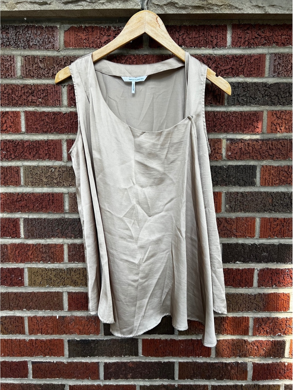 French Connection Gold Metallic Asymmetrical Neck Sleeveless Silk Like Blouse